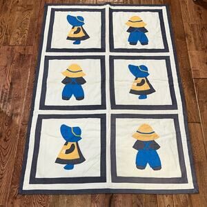 Vintage Sunbonnet Sue and Overall Sam Crib Quilt Baby Blanket Navy White Yellow